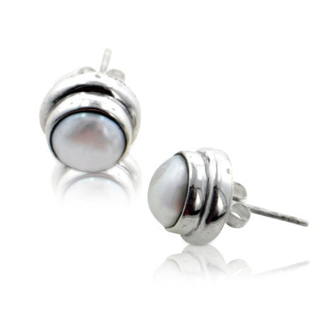 White Cultured Freshwater Pearl Studs Sterling Silver Round Post Earrings - Silver Insanity