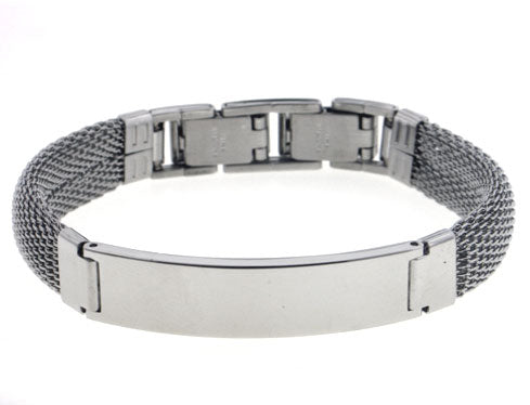 316L Stainless Steel Mesh Chain and Flat Plate Center Bangle Bracelet - Silver Insanity
