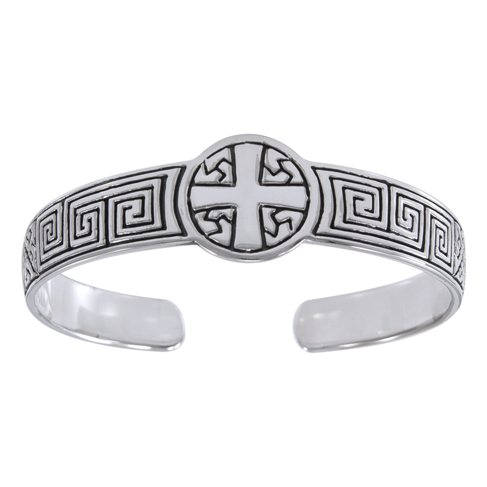 Greek Square Spiral Sturdy Sterling Silver Heavy Weight Adjustable Cross Cuff Bracelet - Silver Insanity