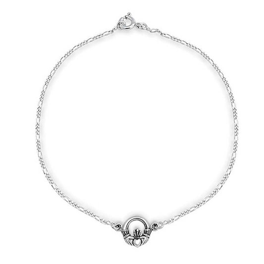 Sterling Silver Irish Celtic Claddagh Charm 9.5" Figaro Chain Anklet - Silver Insanity