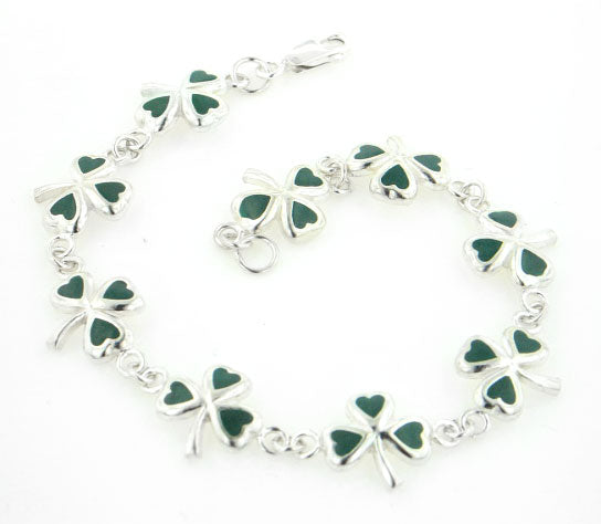 Green Enamel Irish Shamrock 3-Leaf Clover Sterling Silver Bracelet 7" - Silver Insanity