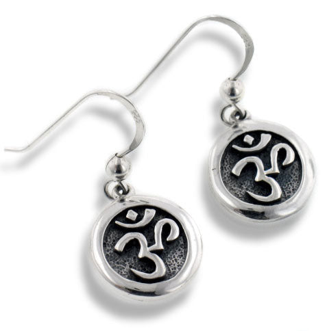 OM or Aum Hindu Yoga Symbol Sterling Silver Round Hook Earrings - Silver Insanity