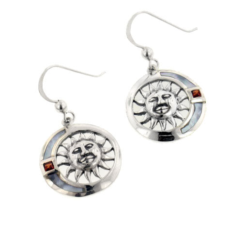 Garnet, Mother of Pearl, and Sterling Silver Celestial Sun Hook Earrings - Silver Insanity