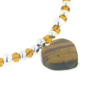 Sterling Silver Beaded 16" Choker Necklace with Genuine Tiger Eye Heart Pendant - Silver Insanity