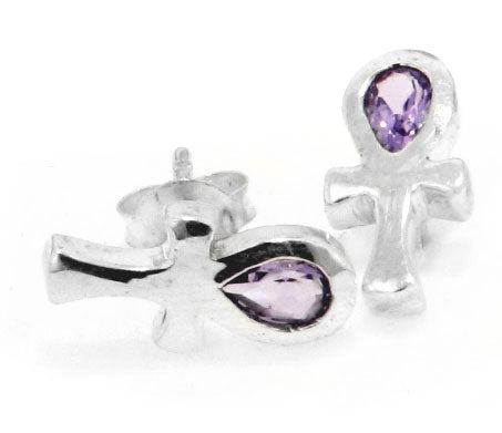 Sterling Silver Amethyst Egyptian Ankh of Life Stud Post Earrings - Silver Insanity