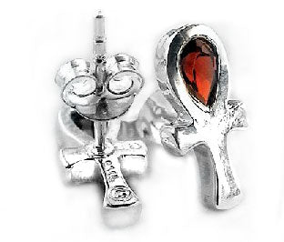 Sterling Silver Garnet Egyptian Ankh Life Stud Earrings - Silver Insanity