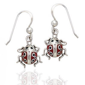 Red and Black Enamel Ladybug Detailed Sterling Silver Dangling Hook Earrings - Silver Insanity