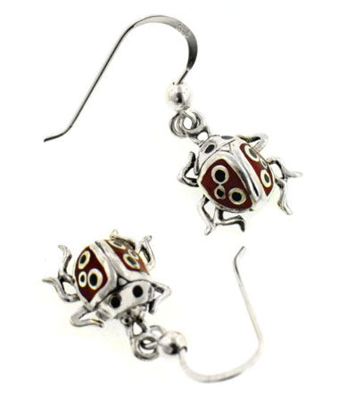 Red and Black Enamel Ladybug Detailed Sterling Silver Dangling Hook Earrings - Silver Insanity