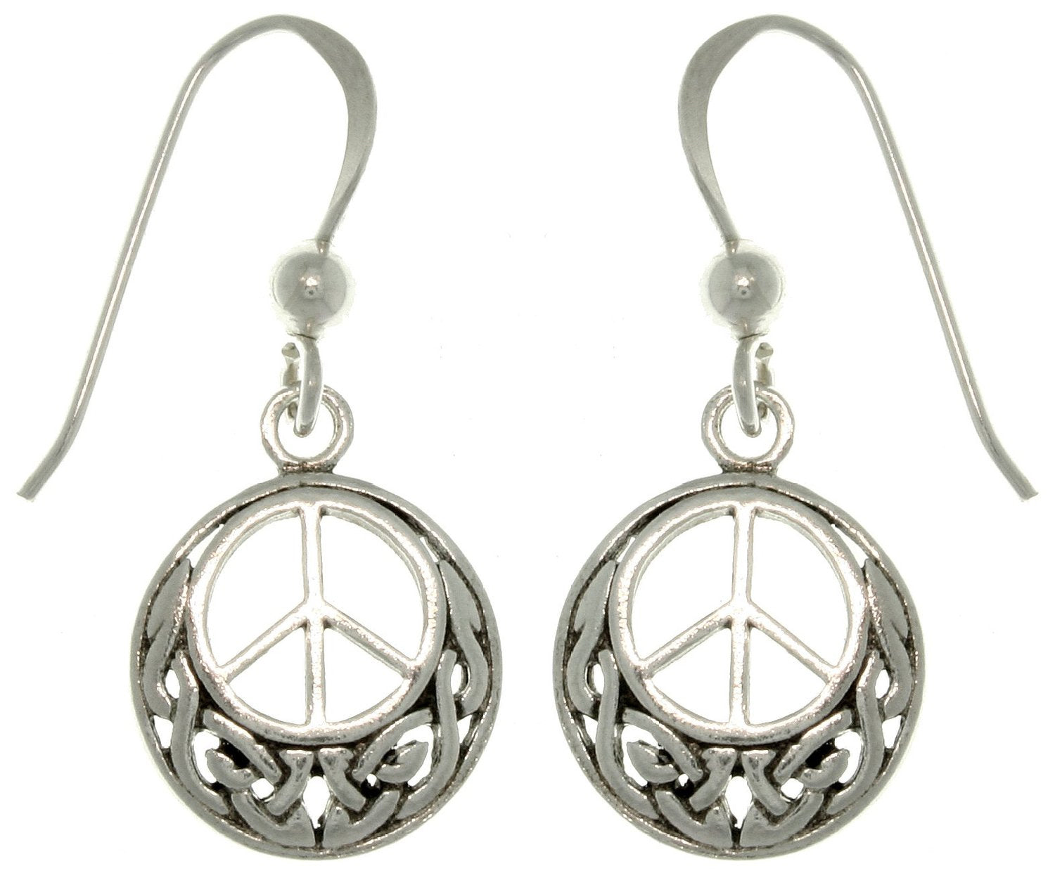 Celtic Knot and Peace Sign Symbol Sterling Silver Hook Earrings - Silver Insanity