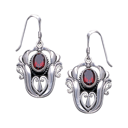 Garnet Scrollwork Tulip Flower Sterling Silver Hook Earrings - Silver Insanity