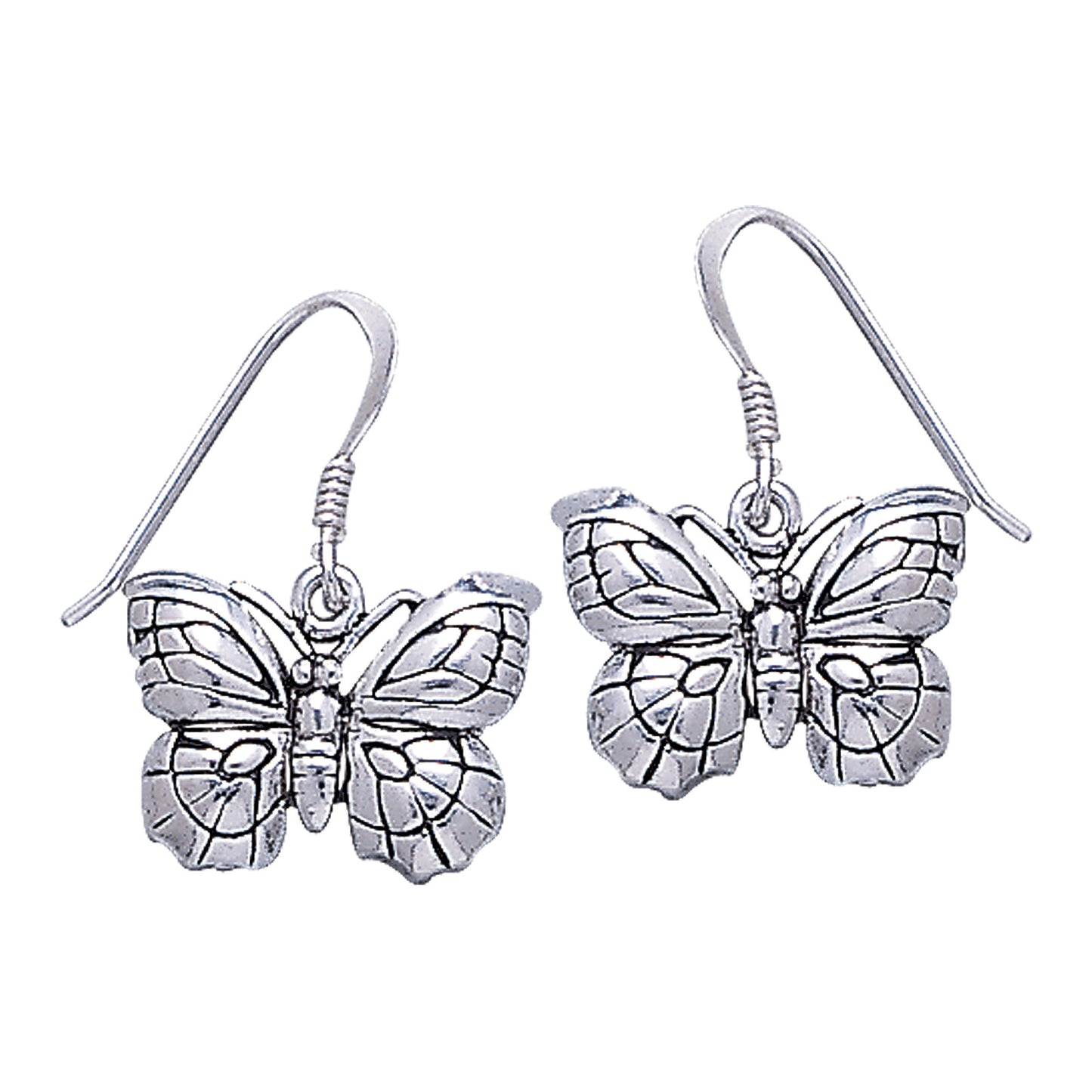 Detailed Curved Butterfly Sterling Silver Hook Earrings - Silver Insanity