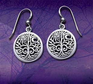 Round Tree of Life Moon Symbol Sterling Silver Earrings - Silver Insanity