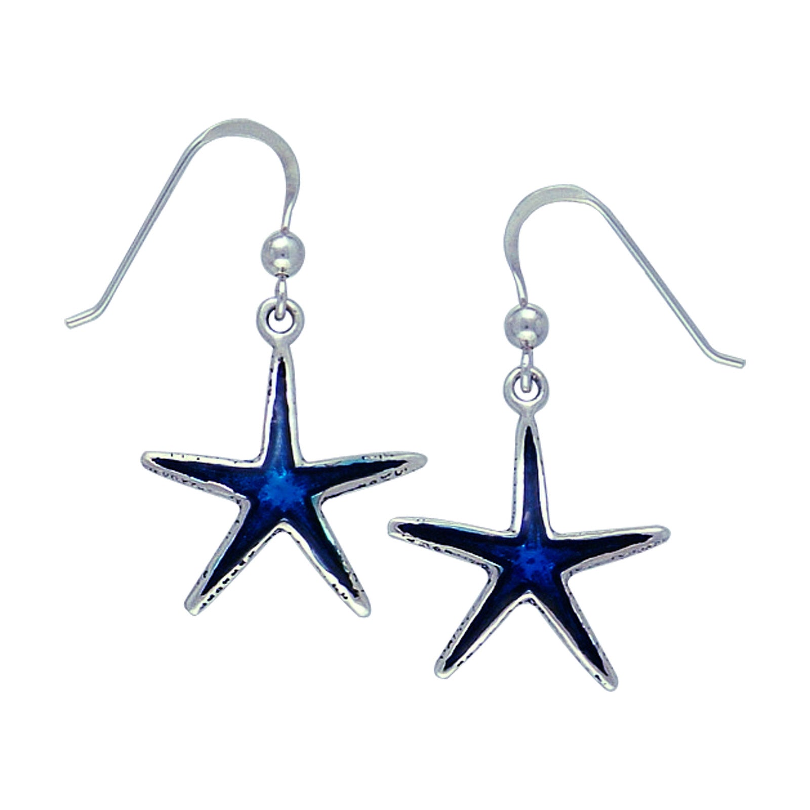 Deep Sea Blue Starfish Sterling Silver Hook Earrings - Silver Insanity