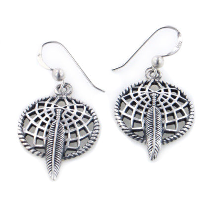 Sterling Silver Dreamcatcher and Hawk Feather Earrings - Silver Insanity