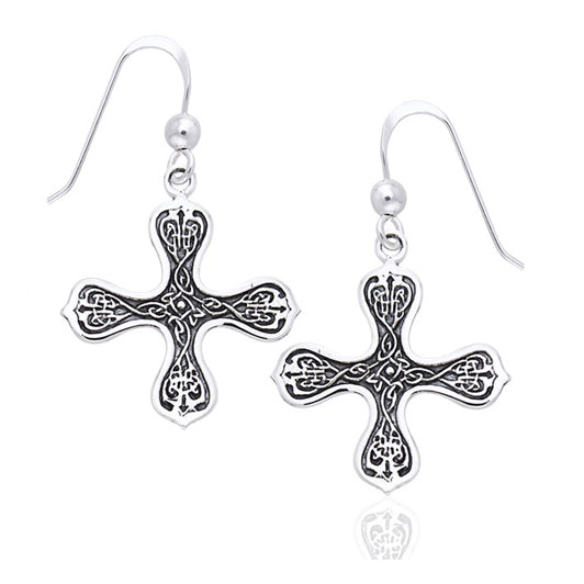 Celtic Cross of the Spirit Knotwork Symbols Sterling Silver Hook Earrings - Silver Insanity