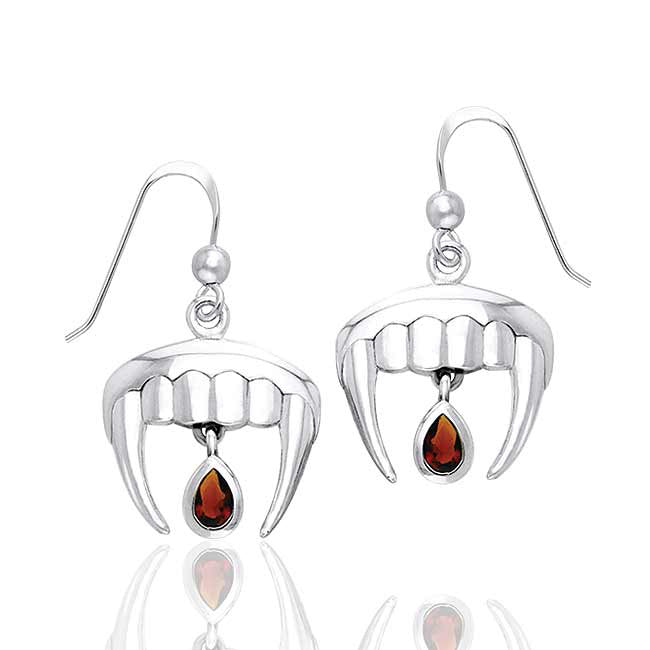 Vampire Fangs with Blood Drops Sterling Silver True Garnet Earrings - Silver Insanity