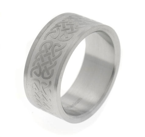 10mm Wide Embossed Celtic Knot Pattern Titanium Wedding Band Ring - Silver Insanity