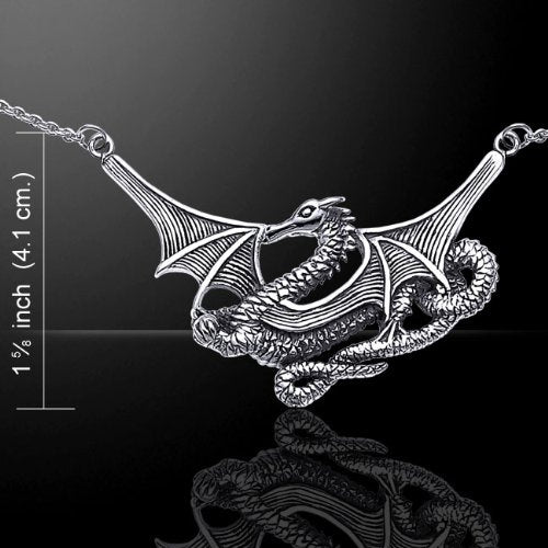 Sterling Silver Large Detailed Winged Sea Dragon Serpent Necklace - Silver Insanity