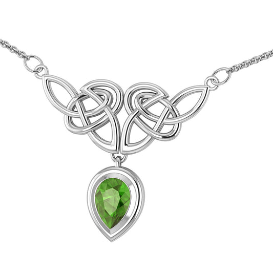 Sterling Silver Celtic Knot Knotwork Necklace with a Bright Green 7x10mm Peridot - Silver Insanity