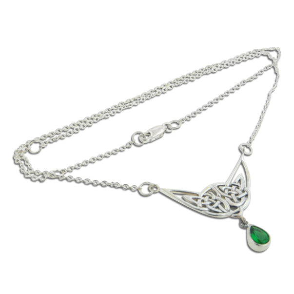 Simulated Emerald Green Glass Teardrop Sterling Silver Celtic Knot Necklace 18" - Silver Insanity