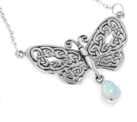 Sterling Silver Celtic Butterfly Rainbow Moonstone 17" Necklace - Silver Insanity