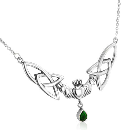 Sterling Silver Celtic Claddagh Trinity Knots Emerald-Green Glass 17" Necklace - Silver Insanity