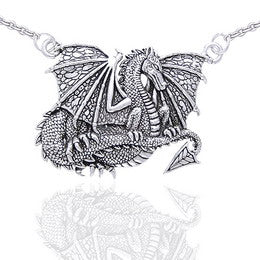 Sterling Silver Detailed Heavy Dragon Pendant Necklace - Silver Insanity