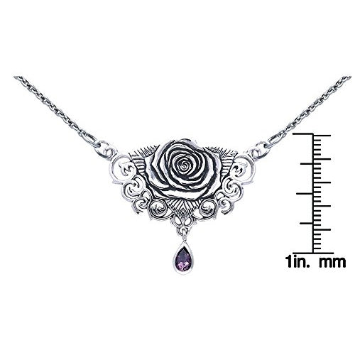 Sacred Rose Sterling Silver 17" Necklace with Amethyst Gemstone Drop - Silver Insanity