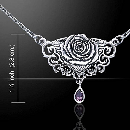 Sacred Rose Sterling Silver 17" Necklace with Amethyst Gemstone Drop - Silver Insanity