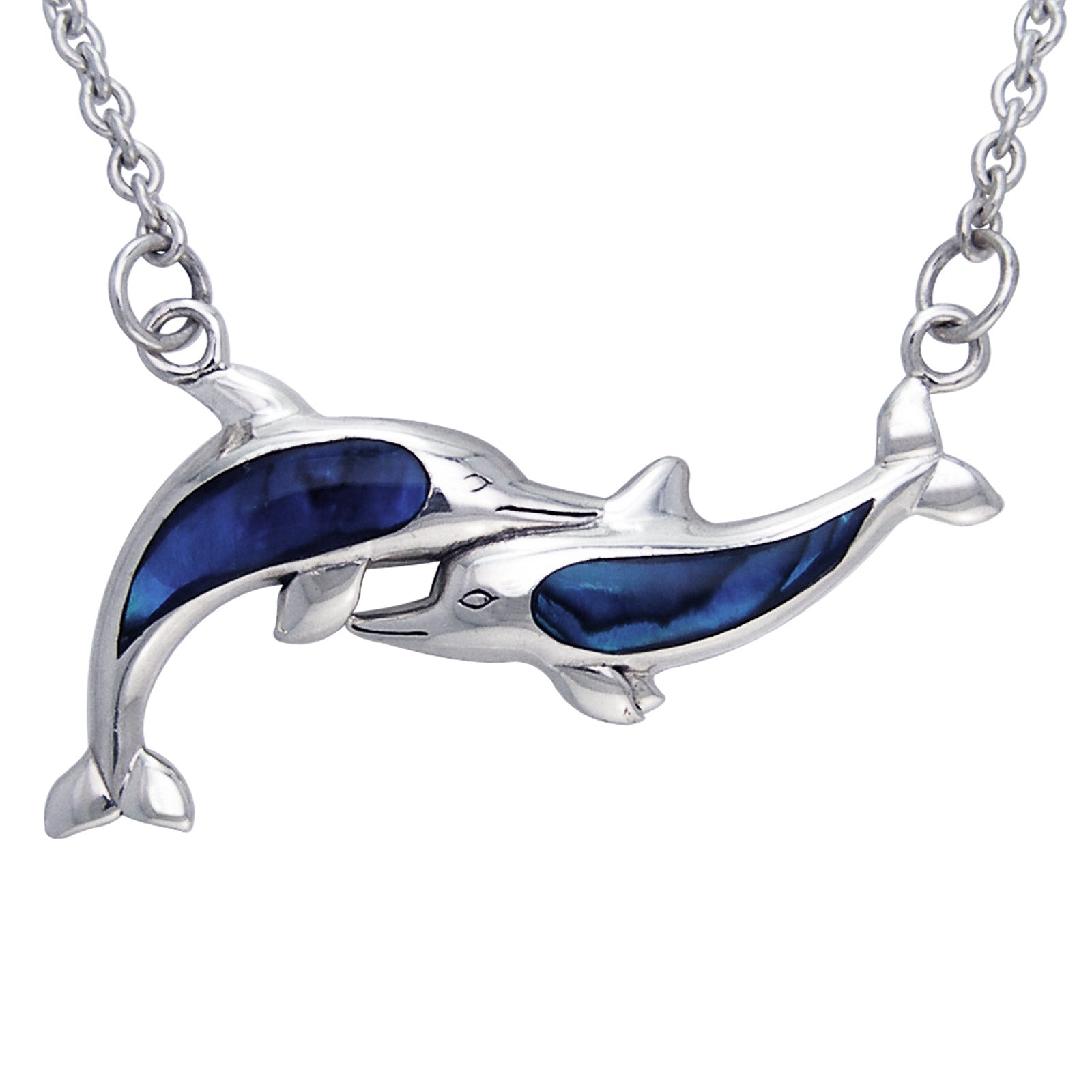 Blue Paua Shell Affectionate Dolphins 18" Adjustable Sterling Silver Necklace - Silver Insanity