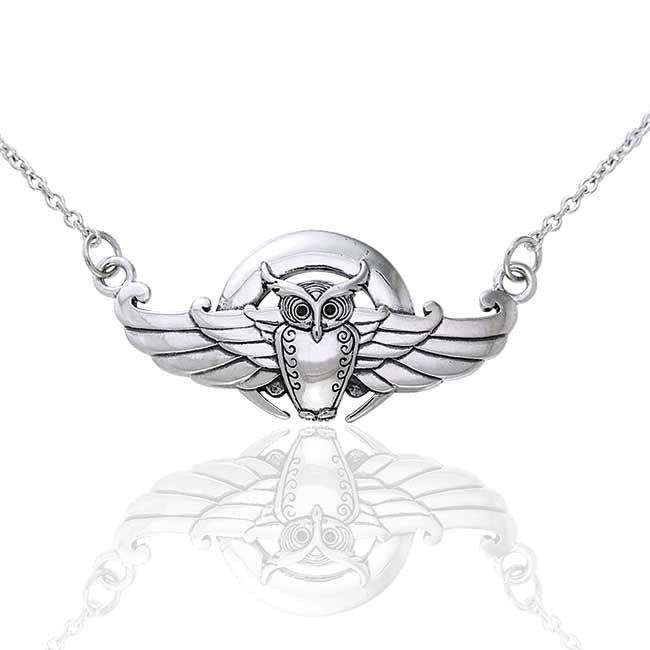 Moonlight Flight - Winged Owl Sterling Silver Adjustable 16" Chain Necklace - Silver Insanity