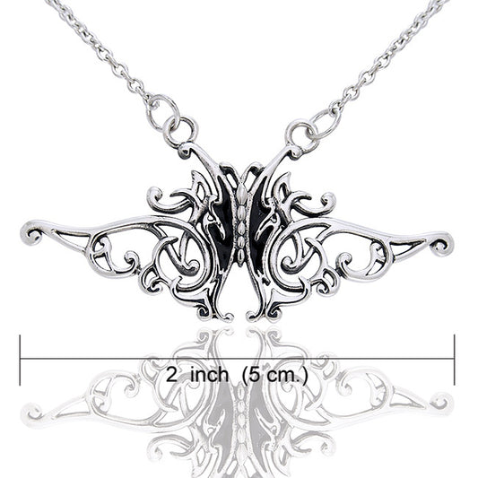 Flowing Celtic Knot and Black Butterfly Sterling Silver Adjustable 17" Necklace - Silver Insanity