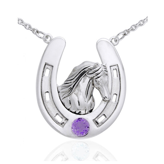 Sterling Silver Large Horseshoe Necklace with Friesian Horse Head Amethyst 18" - Silver Insanity