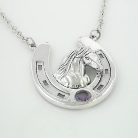 Sterling Silver Large Horseshoe Necklace with Friesian Horse Head Amethyst 18" - Silver Insanity