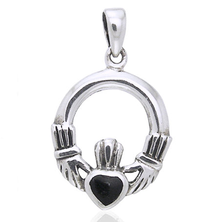 Small Sterling Silver Celtic Claddagh Black Onyx Inlay Heart Charm Pendant - Silver Insanity