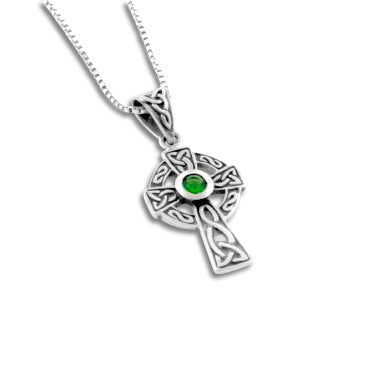 Sterling Silver Celtic Knot Cross Green Glass Necklace, 18" - Silver Insanity