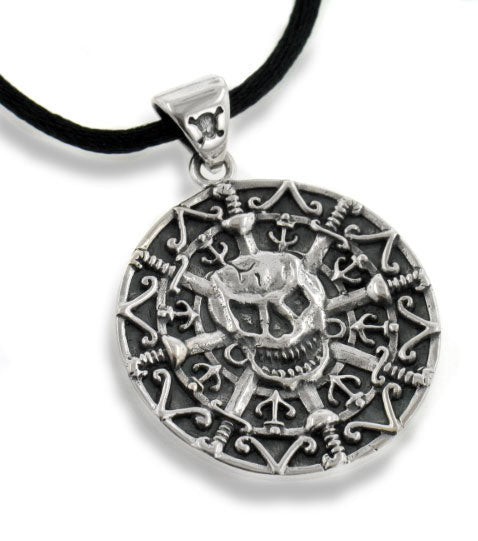 Sterling Silver Pirate Skull Medallion Pendant Necklace - Silver Insanity