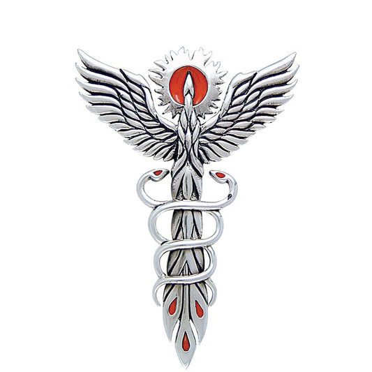 Fire Dance Phoenix Sterling Silver Medical Caduceus Symbol Pendant Necklace - Silver Insanity