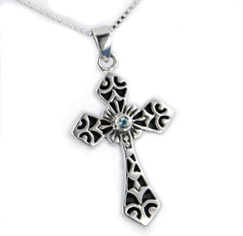 Blue Topaz Sterling Silver Cross Pendant with 18" Chain Necklace - Silver Insanity