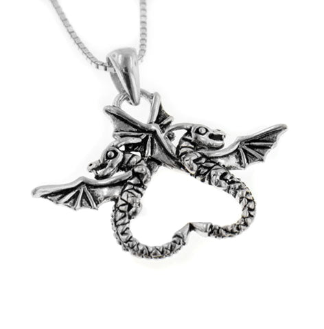 Dragonheart Sterling Silver Dragon Couple Pendant with 18" Box Chain Necklace - Silver Insanity