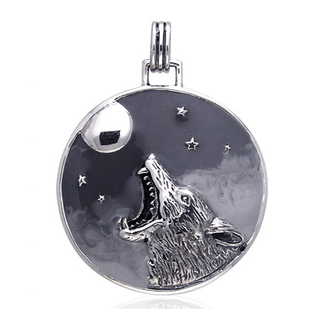Howling Coyote at the Moon Totem Animal Speak Sterling Silver Slide Art Pendant - Silver Insanity