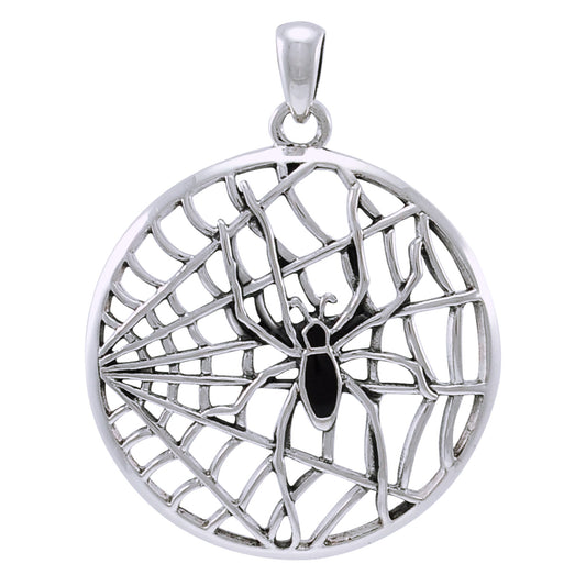 Cobbweb with Black Spider Large Round Sterling Silver Pendant - Silver Insanity