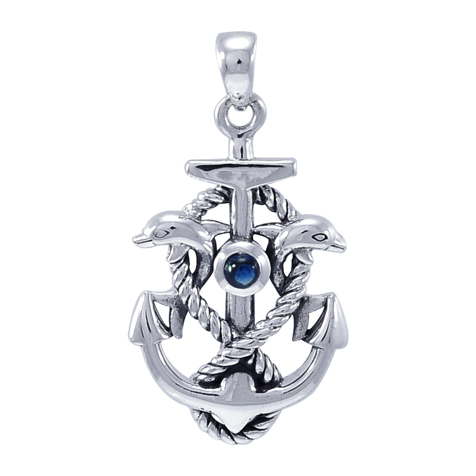 Synthetic Blue Sapphire Dolphin Rope Anchor Sterling Silver Pendant - Silver Insanity