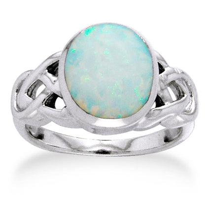 Large Created White Opal and Sterling Silver Celtic Knot Ring - Silver Insanity
