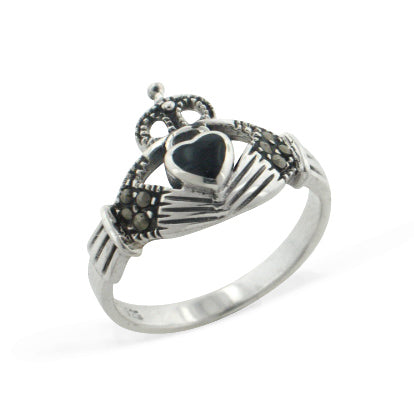 Black Onyx and Marcasite Celtic Claddagh Sterling Silver Ring - Silver Insanity