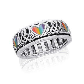 Sterling Silver Celtic Knot and Rainbow Peace Heart Spinning Ring - Silver Insanity