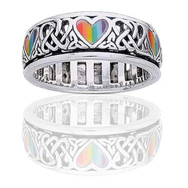 Sterling Silver Celtic Knot and Rainbow Peace Heart Spinning Ring - Silver Insanity