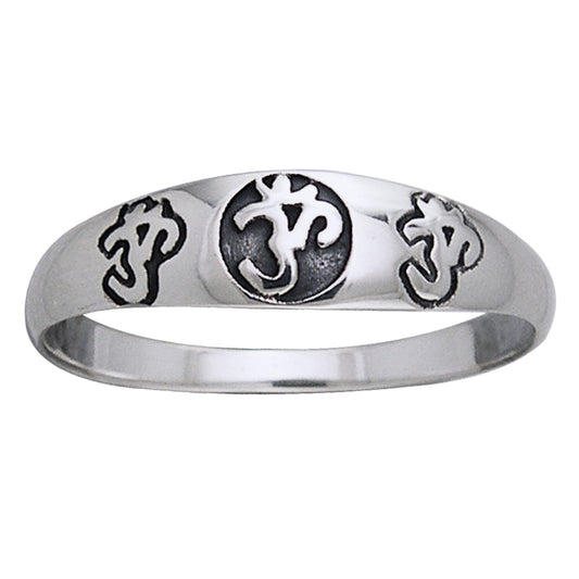 Triple Om 6mm Narrow Band Aum Sterling Silver Pinky Ring - Silver Insanity