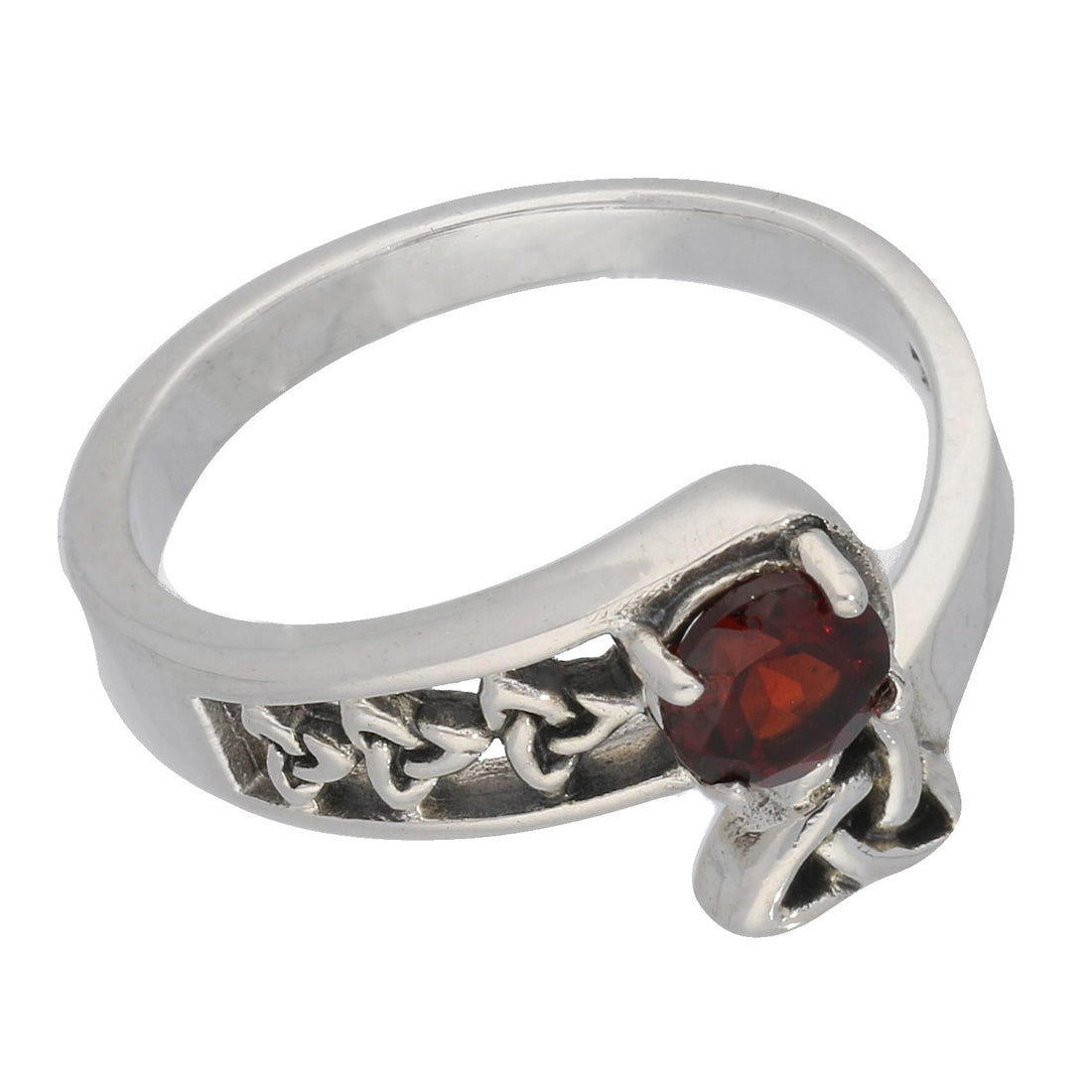 1.39ct Natural Garnet & Sterling Silver Triquetra Celtic Knot Ring - Size 9, Oval 8x6mm