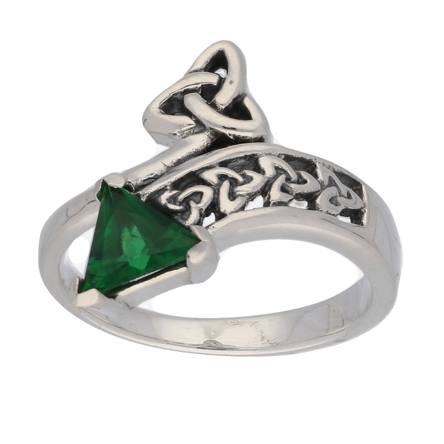 Triquetra Celtic Trinity Knot Green Glass Trillion Bypass Sterling Silver Ring - Silver Insanity